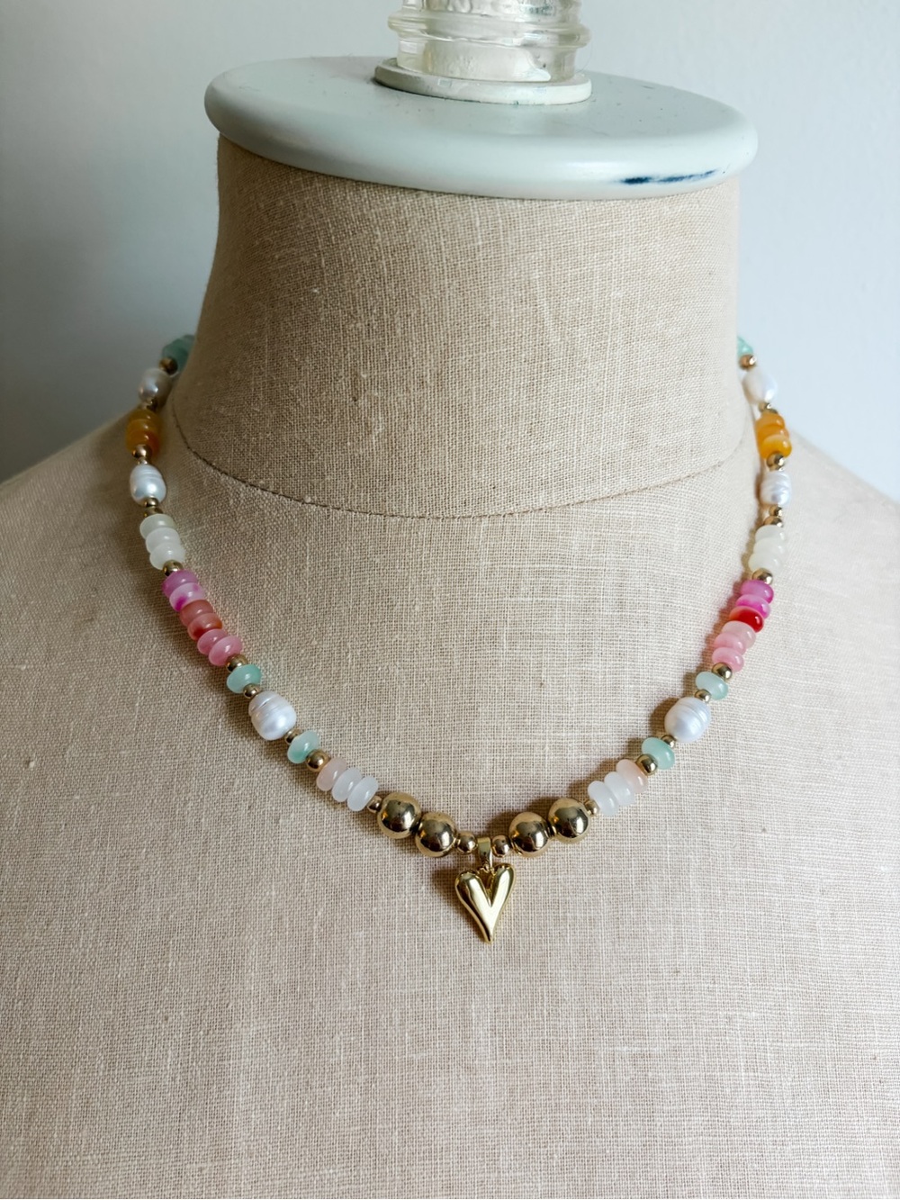 N2 Handmade Beaded Necklace with Gold Heart Pendant and Fresh Water Pearls